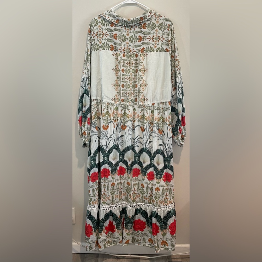 Anthropologie Boho Floral Tiered Maxi Dress in Cream with Red & Green Accents - Picture 10 of 10